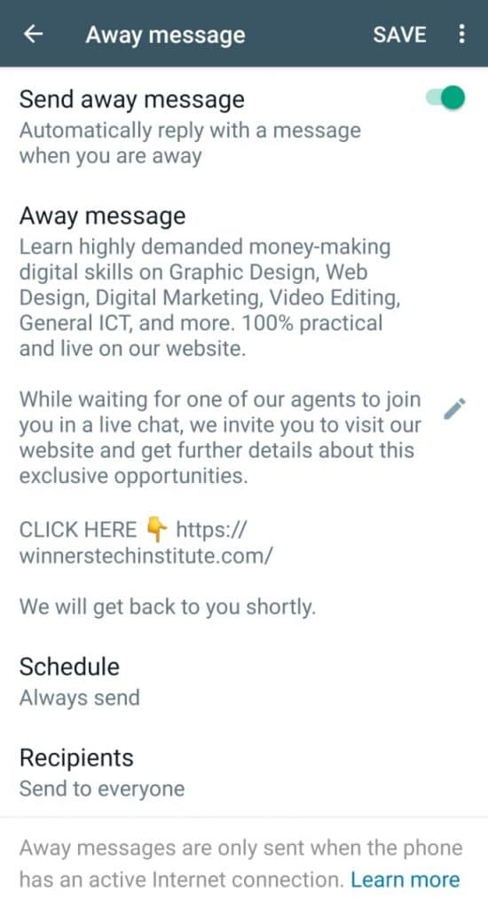 WhatsApp away message