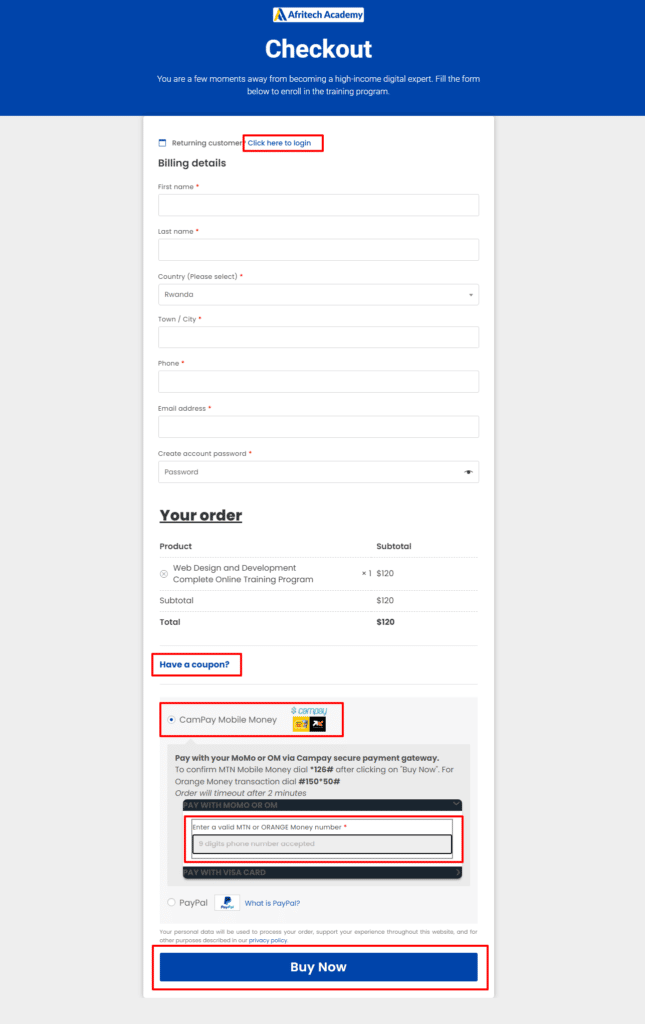 Checkout Page Afritech Academy 1
